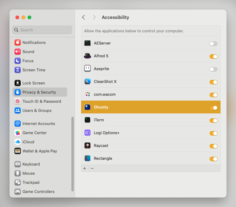 Add Ghostty to Privacy&Security - Accessibility settings