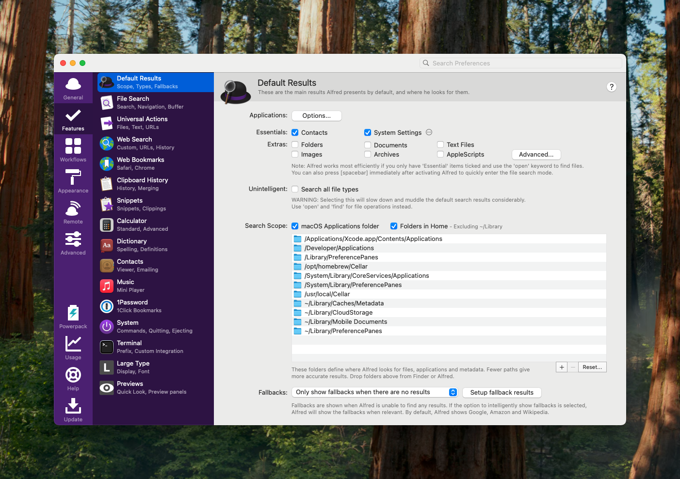 Search scope settings in Alfred